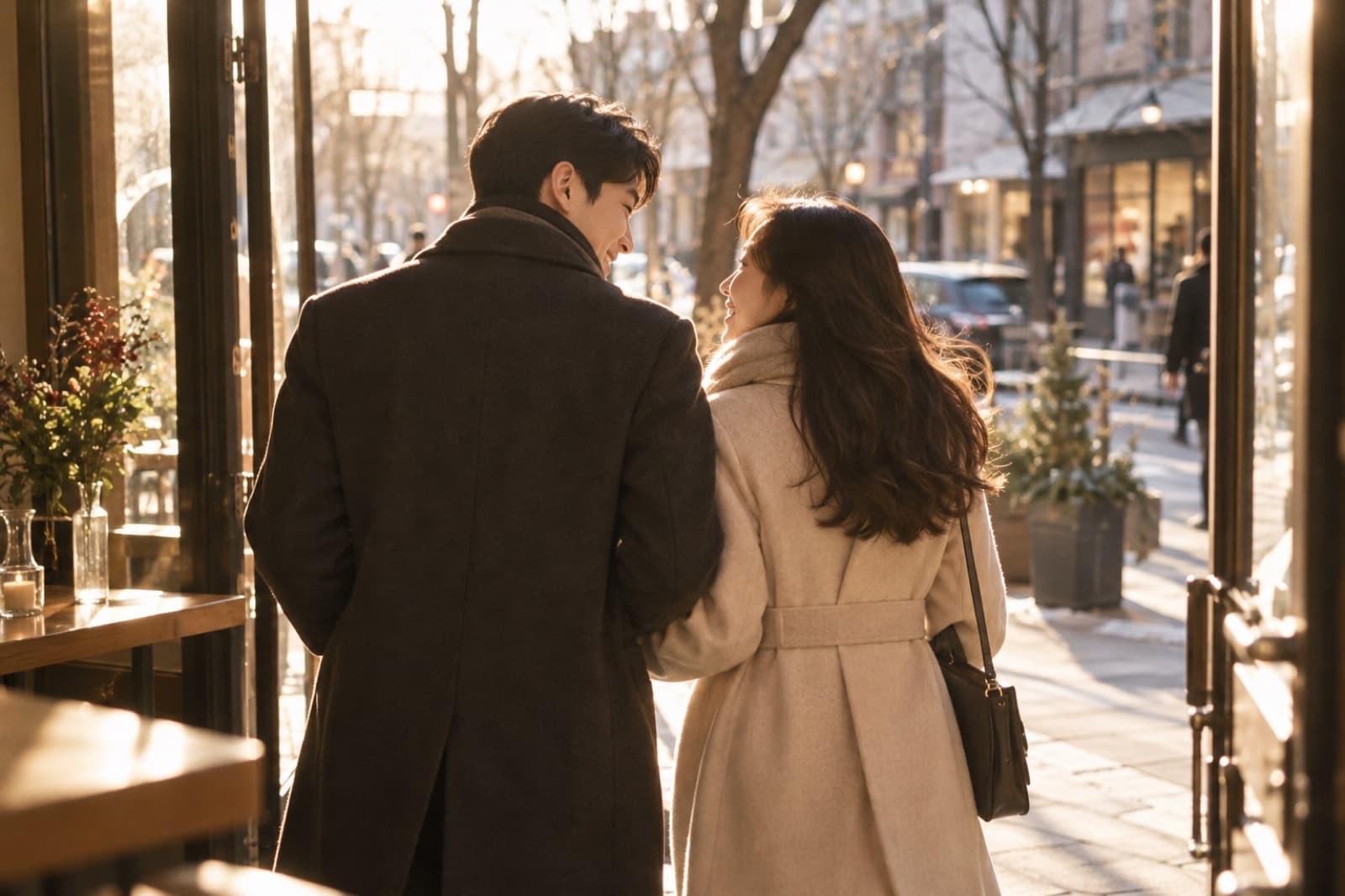카페를 나와 햇살 드는 거리를 나란히 걷는 두 사람