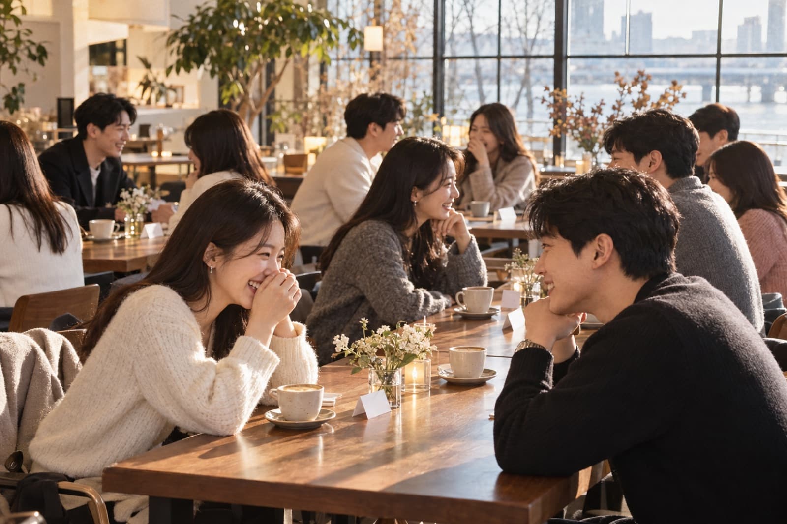 햇살 드는 카페의 긴 테이블에 마주 앉아 이야기하는 여러 쌍의 사람들