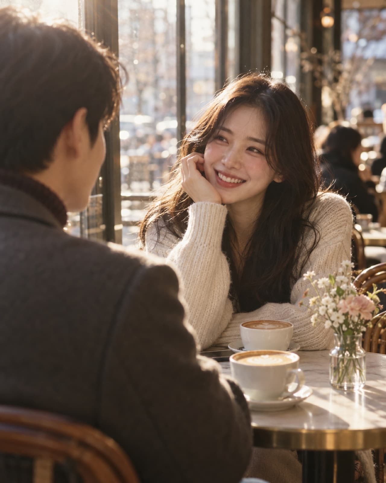 작은 테이블에 마주 앉아 웃으며 이야기하는 두 사람