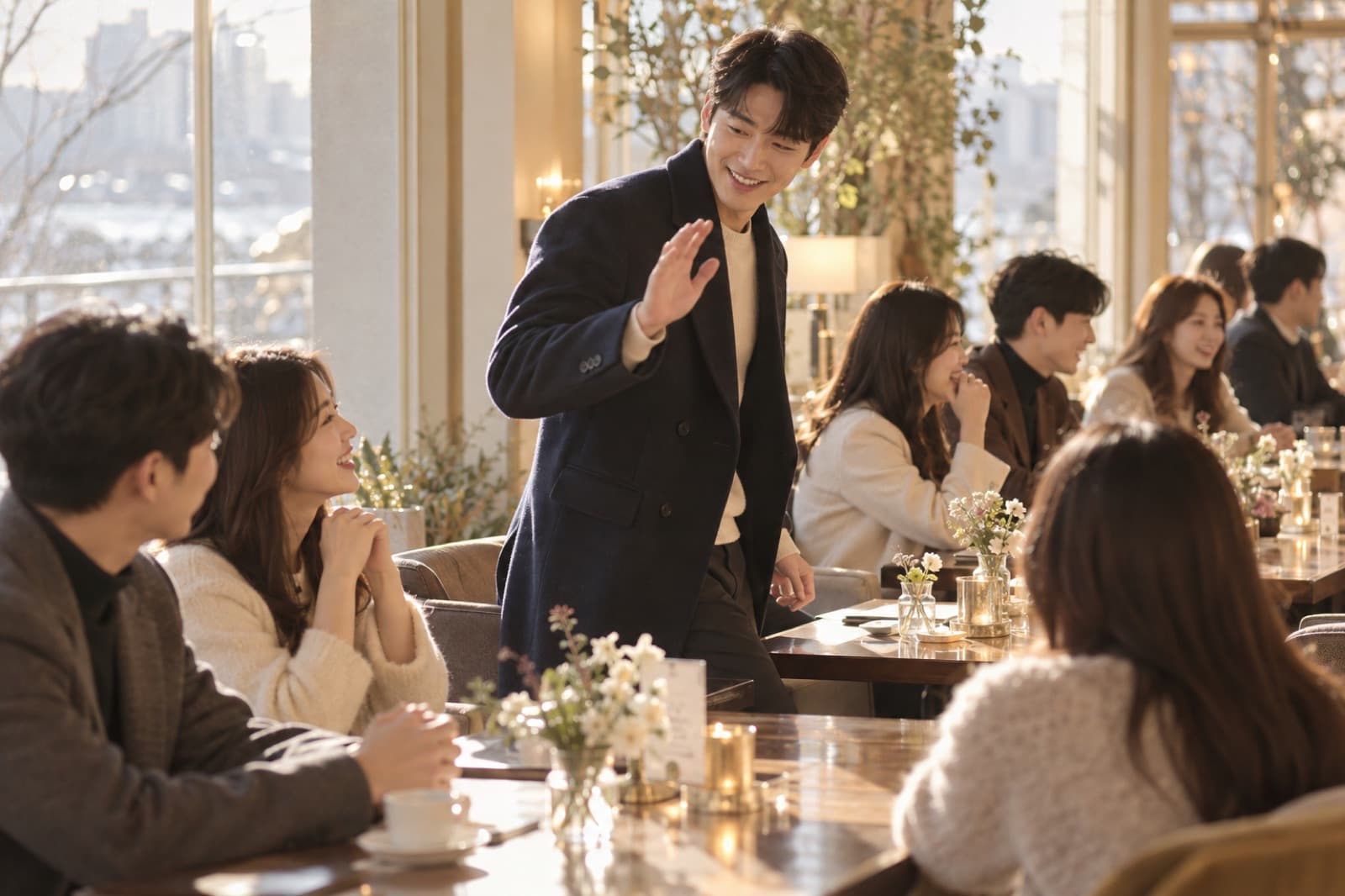 자리에서 일어나 다음 자리로 옮기며 손을 흔드는 사람